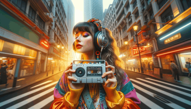 AI-generated image of a girl listening to music on a Walkman