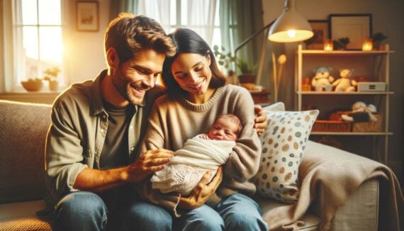 AI-generated image of a couple holding their newborn baby
