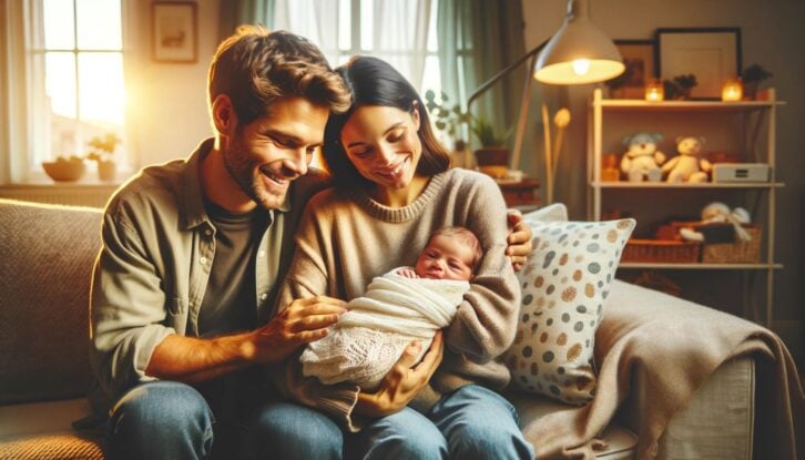 AI-generated image of a couple holding their newborn baby