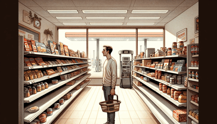 AI-generated image of a person buying things at a gas station