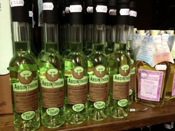 A picture of Absinthe bottles in Europe