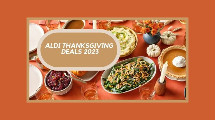 Overhead shot of Thanksgiving dinner with orange background