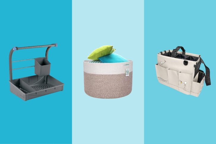 Amazon products include two types of cleaning caddies and an extra large woven basket that can hold a number of items for storage and organization. 