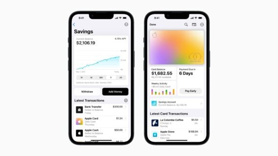 Promotional photo showing two iPhones, displaying the new Apple Card and Apple Card savings account