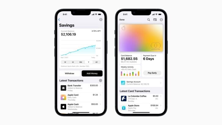 Promotional photo showing two iPhones, displaying the new Apple Card and Apple Card savings account