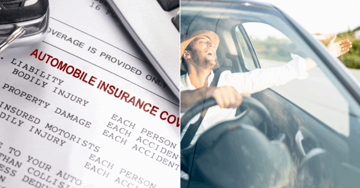 Sheet of Auto Insurance and Happy Man Driving and Celebrating With Arm Open