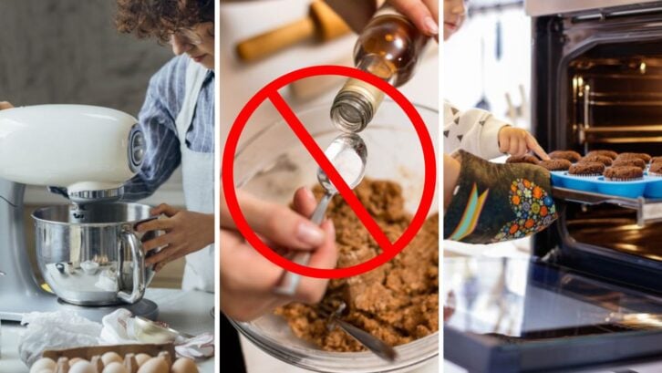 A person using a stand mixer, someone pouring liquid into a measuring spoon with a cross through it, muffins being pulled from an oven with a child sticking their finger into them.