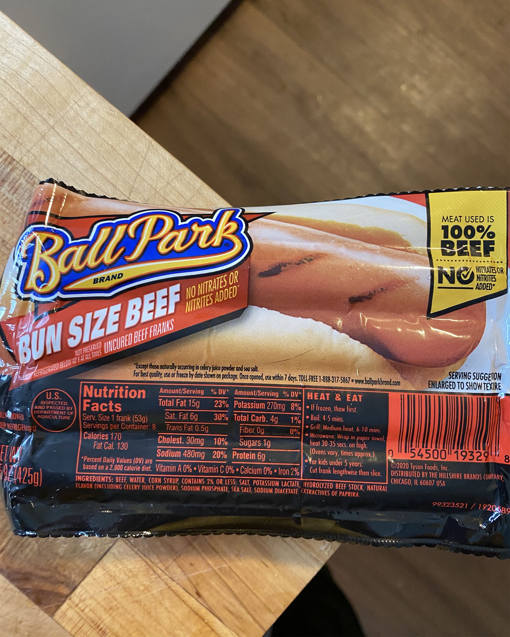 closeup of Ball Park Bun Size Beef Franks on table