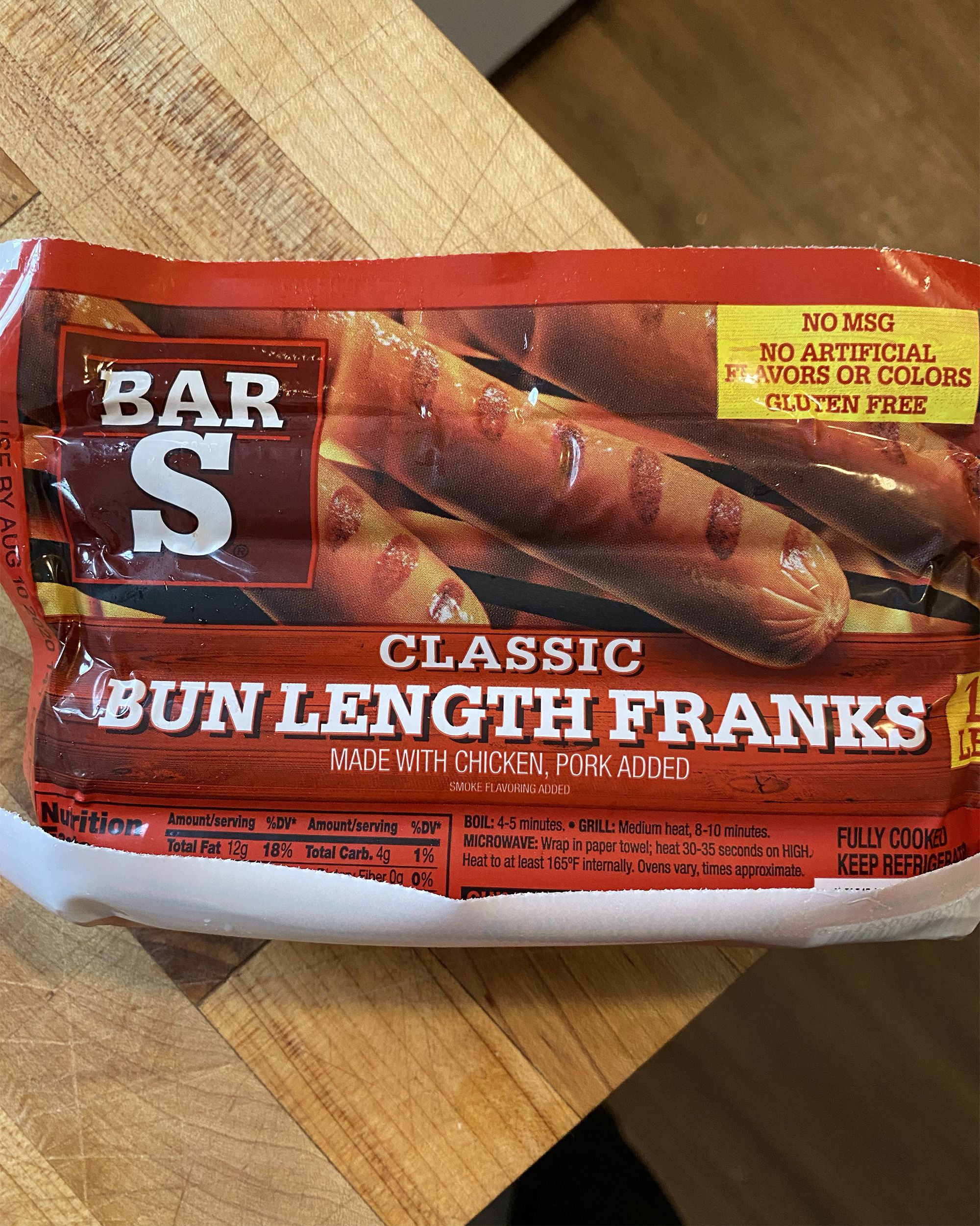 closeup of Bar S Classic Bun-Length Franks on table
