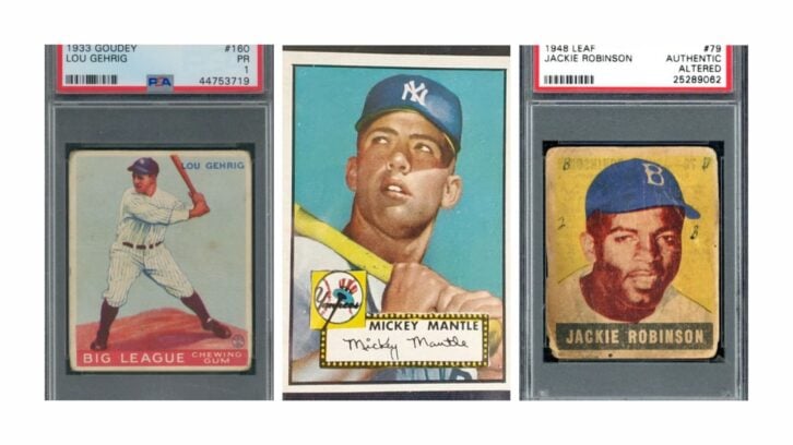 Pricey baseball cards, including those for Lou Gehrig, Mickey Mantle, and Jackie Robinson