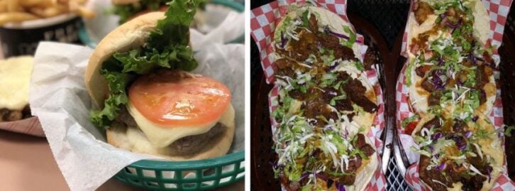 A hamburger, Korean tacos
