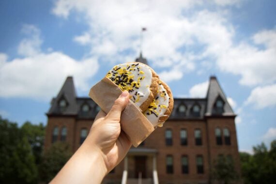 Hand holding a cookie up to the sky with college in background