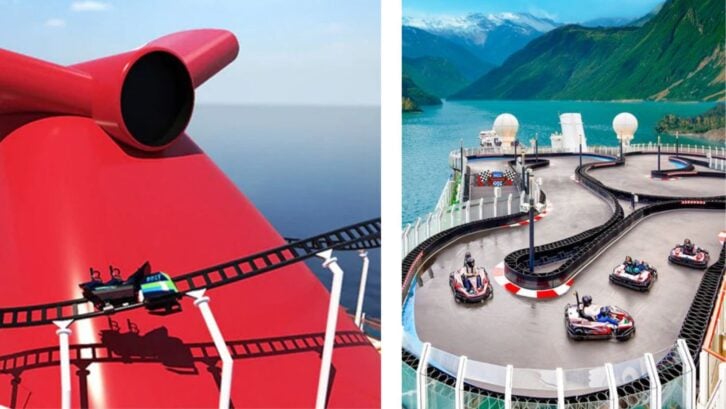 a roller coaster on a cruise ship, go-karts on a cruise ship roof