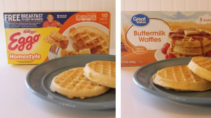 two frozen waffle boxes behind waffles on a plate