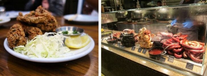 a dish of food, a glass display table with beef sausage