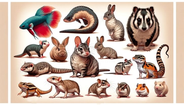 An AI-generated detailed illustrated chart showcasing different small pets, including a betta fish, ferret, sugar glider, rabbit, guinea pig, leopard gecko, bearded dragon, hamster, and gerbil. Each pet is depicted in its natural, relaxed state.