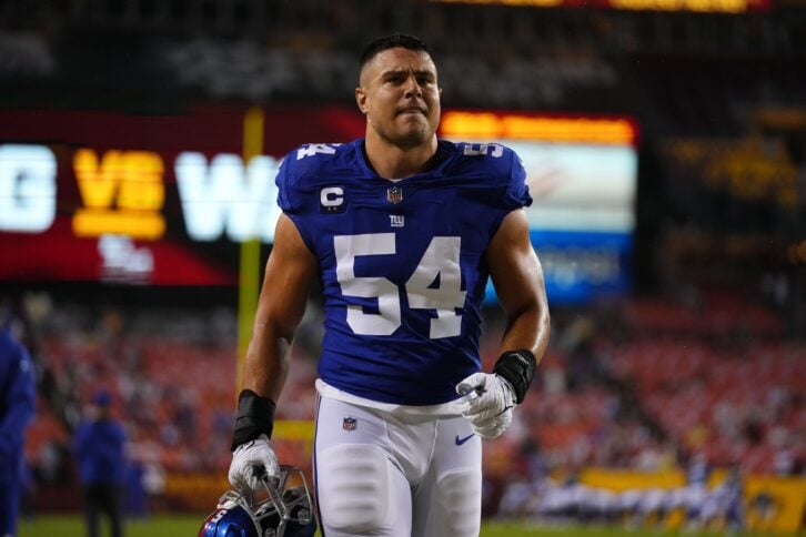 Blake Martinez #54 of the New York Giants walks onto the field against the Washington Football Team prior to an NFL game at FedExField on September 16, 2021 in Landover, Maryland.