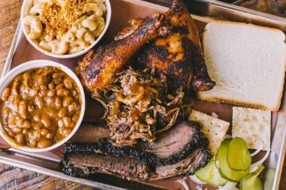 Barbecue platter with sides from Blue Oak BBQ in New Orleans
