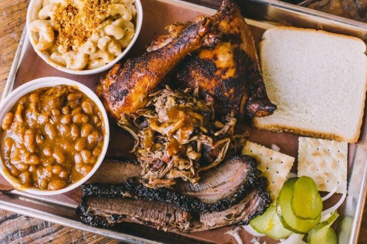 Barbecue platter with sides from Blue Oak BBQ in New Orleans