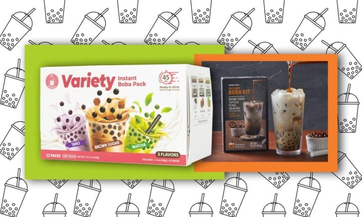 Two product photos of boba tea kits from Costco and Trader Joe's against a boba tea-themed background.
