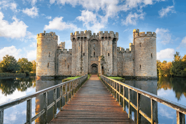 Front view of Bodiam Castle in England from bridge across moat