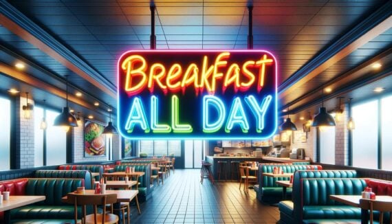 AI-generated image of a "Breakfast All Day" sign in a restaurant