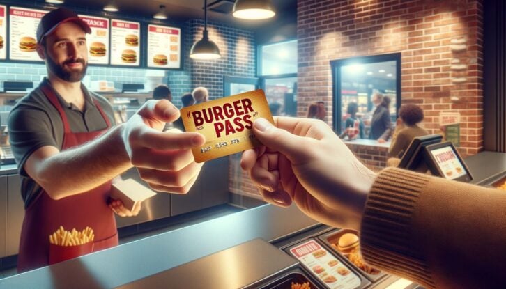 AI-generated image of a man handing over a burger pass at a fast food restaurant