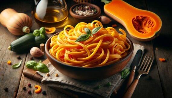 AI-generated image of butternut squash noodles in a bowl surrounded by butternut squash.