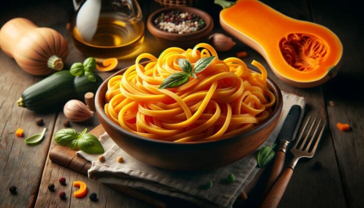 AI-generated image of butternut squash noodles in a bowl surrounded by butternut squash.