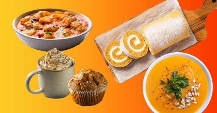 A collection of a pumpkin spiced latte, a pumpkin muffin, pumpkin soups, and a pumpkin roll against an orange and yellow autumnal background