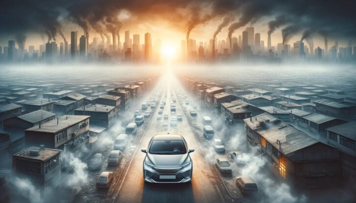 AI-generated image of a car leaving a city filled with pollution