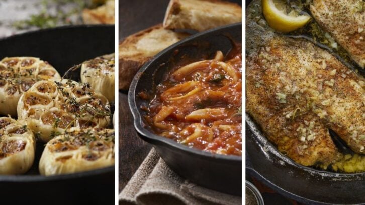 Things not to cook in a cast iron skillet: smelly foods like garlic, acidic foods like tomatoes, and flaky fish.