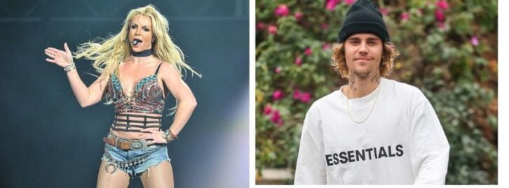 Britney Spears and Justin Bieber, two photos side by side