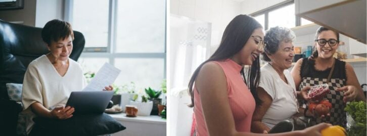 a woman reading documents, three women in a kitchen