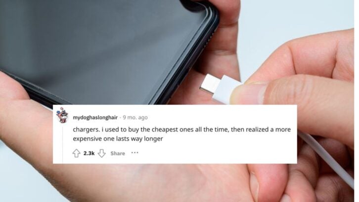 Man's hand connecting type-c cable to smartphone. with Reddit quote
