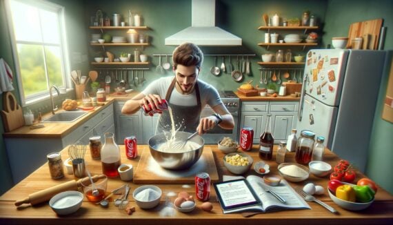 AI-generated image of a home chef cooking using Coca-Cola