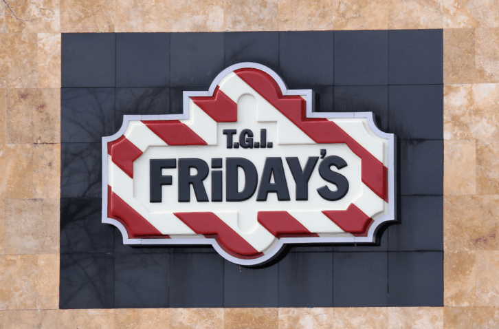 Closeup of TGI Fridays Sign on Restaurant, Levittown, New York
