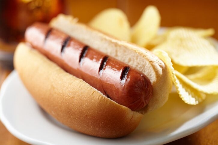 closeup of a hot dog on a plate with potato chips