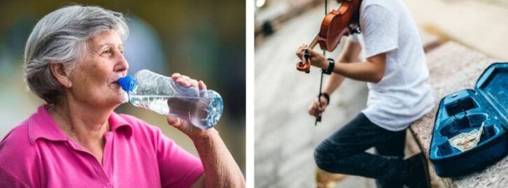 An old woman drinking a bottle of water, a man playing the violin