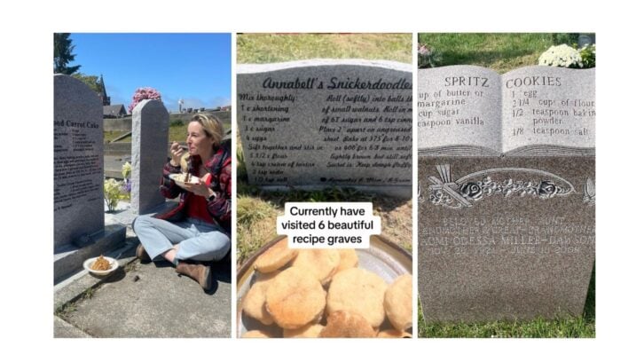 Screenshots of recipes on gravestones with the food baked in front of them