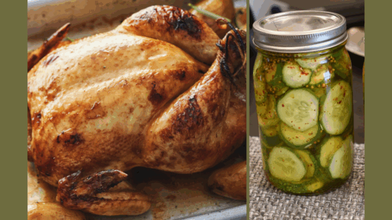 Two Images, Roasted Chicken in a Cooking Pan and a Person Making Ice Cream