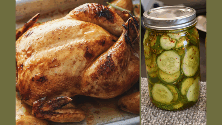 Two Images, Roasted Chicken in a Cooking Pan and a Person Making Ice Cream