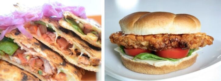crunchwraps stacked on a plate, a chicken sandwich