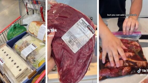 Screenshots from TikTok of a full Costco shopping cart, a large raw sirloin steak, and sliced sirloin in a ziploc bag with marinade