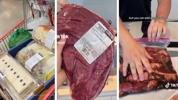 Screenshots from TikTok of a full Costco shopping cart, a large raw sirloin steak, and sliced sirloin in a ziploc bag with marinade