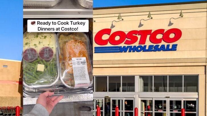 TikTok screenshot of Costco ready to eat Thanksgiving meal with an image of a Costco exterior.