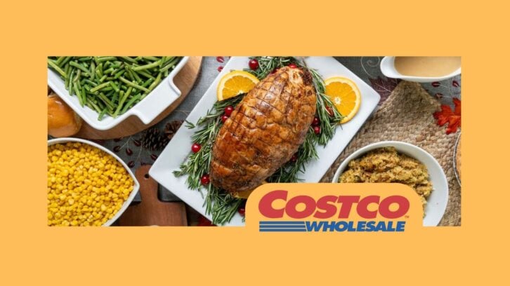 Photo of Costco's Thanksgiving meal kit against a yellow-brown background