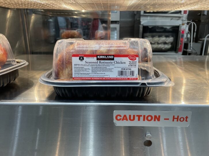 Costco rotisserie chicken on a shelf