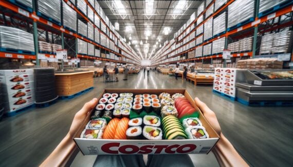 AI-generated image of someone holding a box of Costco sushi