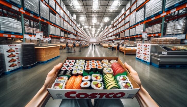 AI-generated image of someone holding a box of Costco sushi